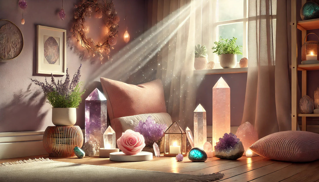 Rincón acogedor con amatista, cuarzo rosa y labradorita, iluminado por luz natural, transmitiendo equilibrio y energía positiva.