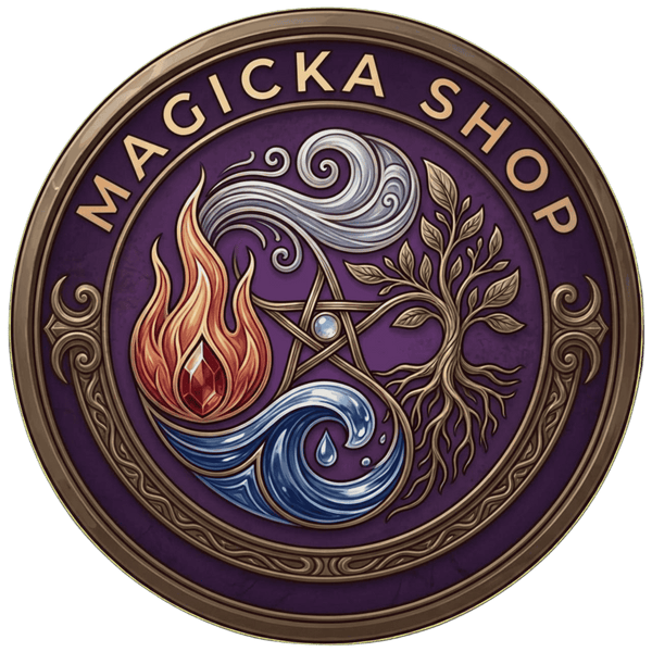 Logotipo de Magicka Shop. Es redondo e incluye los cuatro elementos y un pentagrama.